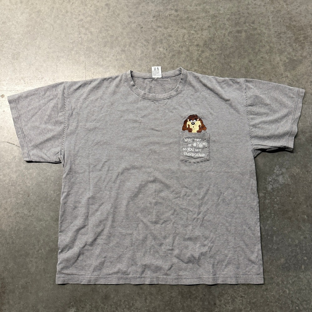 Vintage Warner Bros Taz Pocket T-Shirt XXL Grey Striped Looney Tunes Embroidered